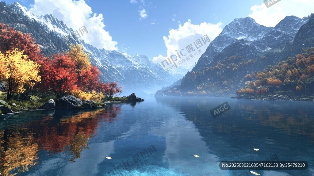 山谷中的秋日湖泊