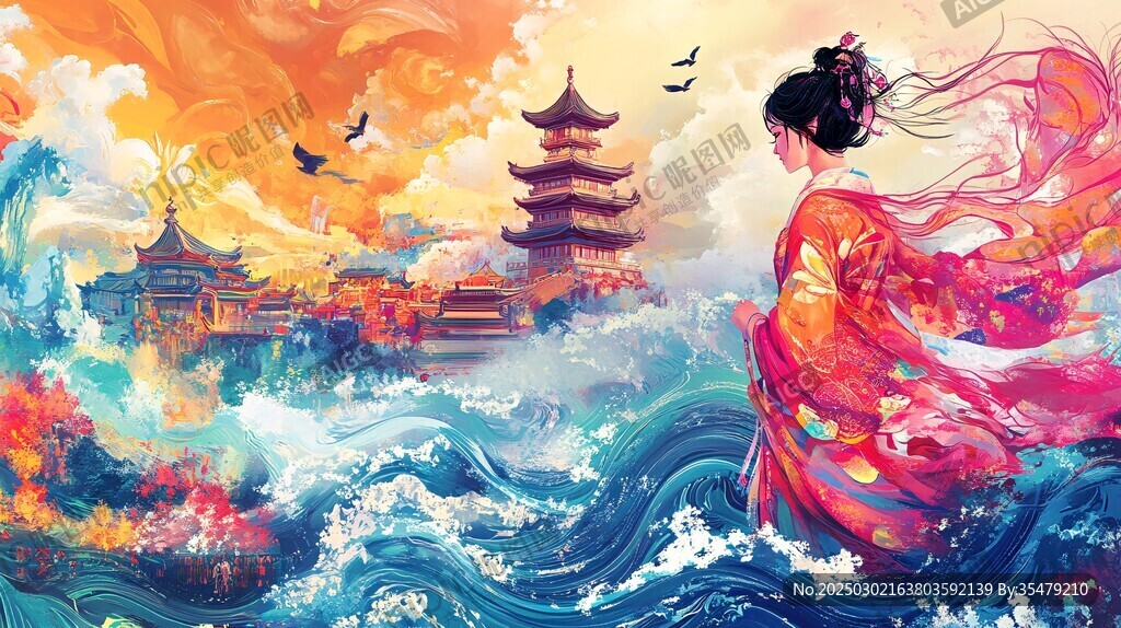 紅衣女子與古風(fēng)建筑