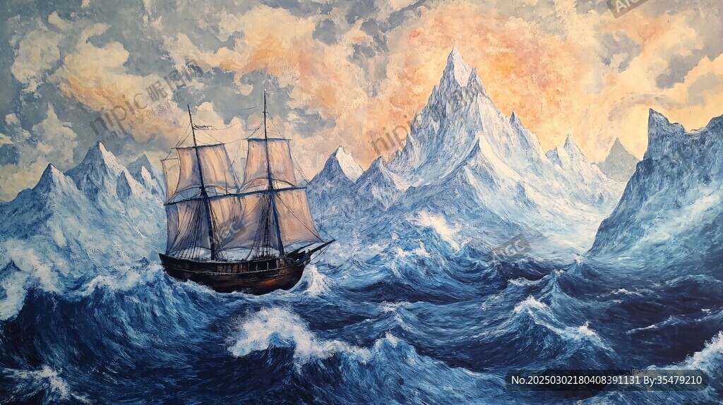 洶涌海浪中的古船