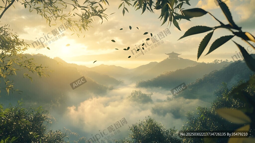 山谷中的霧海與古亭