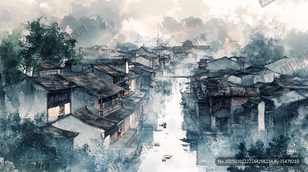 江南水鄉的朦朧晨霧