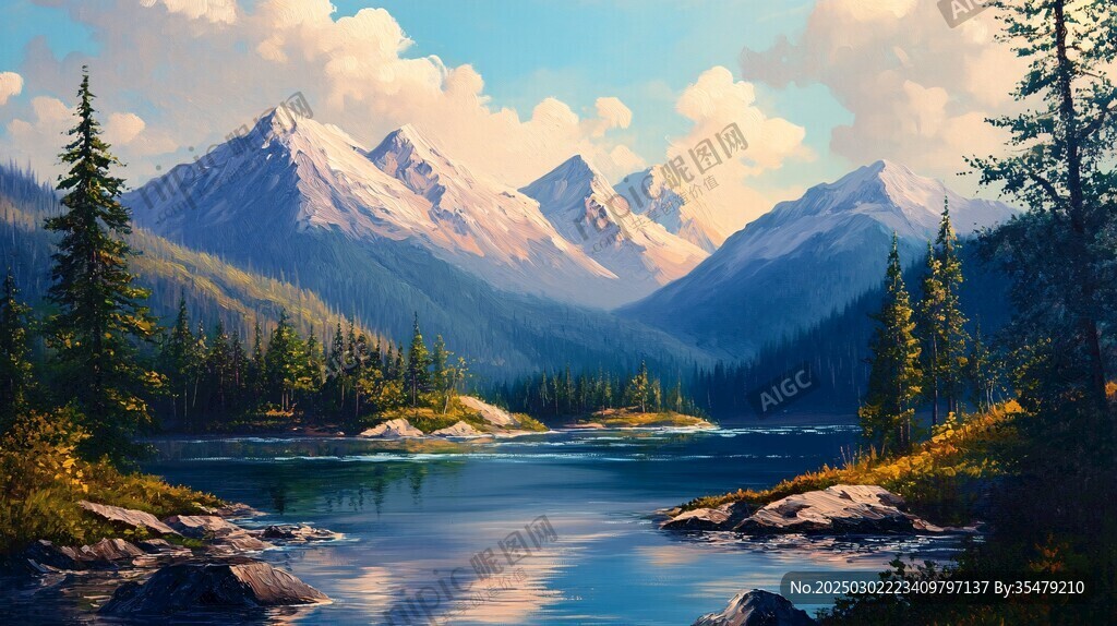 山水畫中的寧靜湖泊
