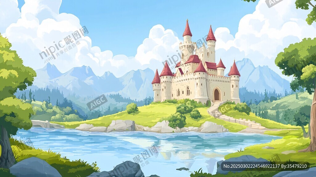 童話中的城堡與湖泊風景