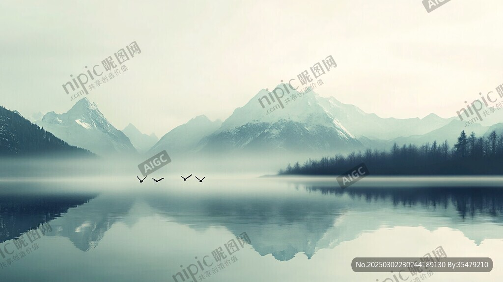 霧蒙蒙的山湖