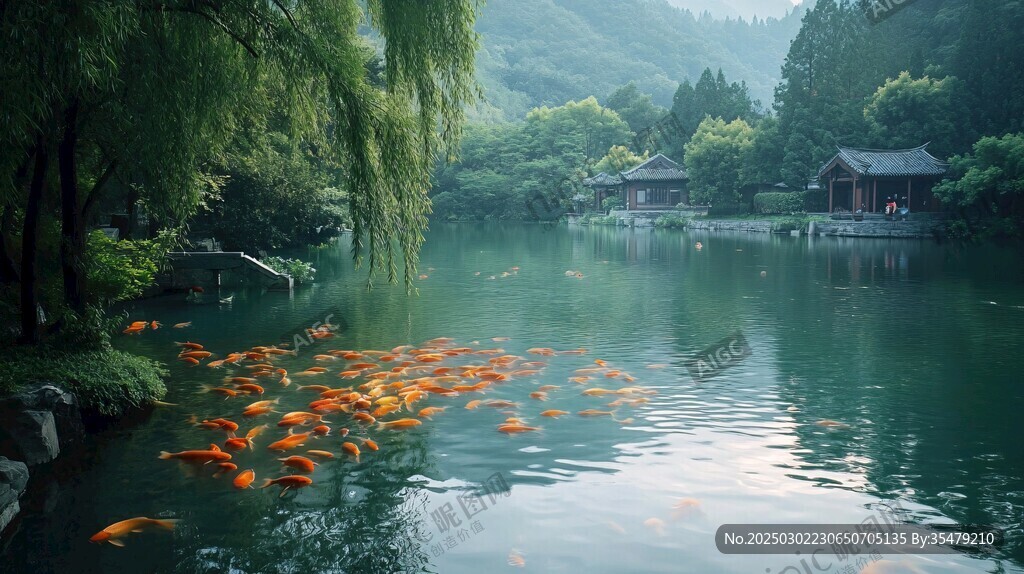 金魚池塘 綠樹環(huán)繞 山亭靜立