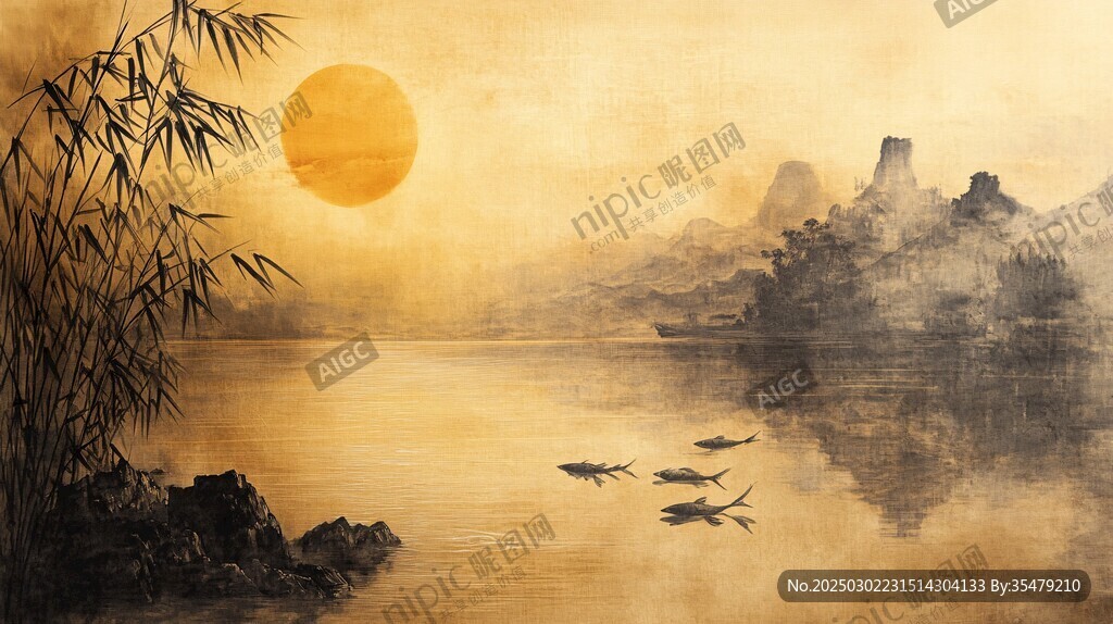 金色湖光山色 竹影搖曳