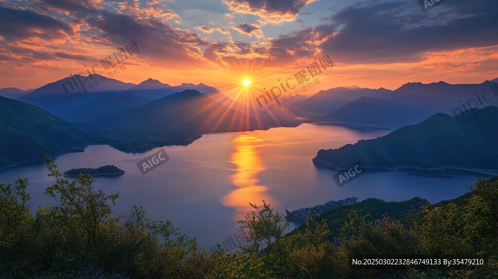 夕陽(yáng)映照下的山湖風(fēng)景