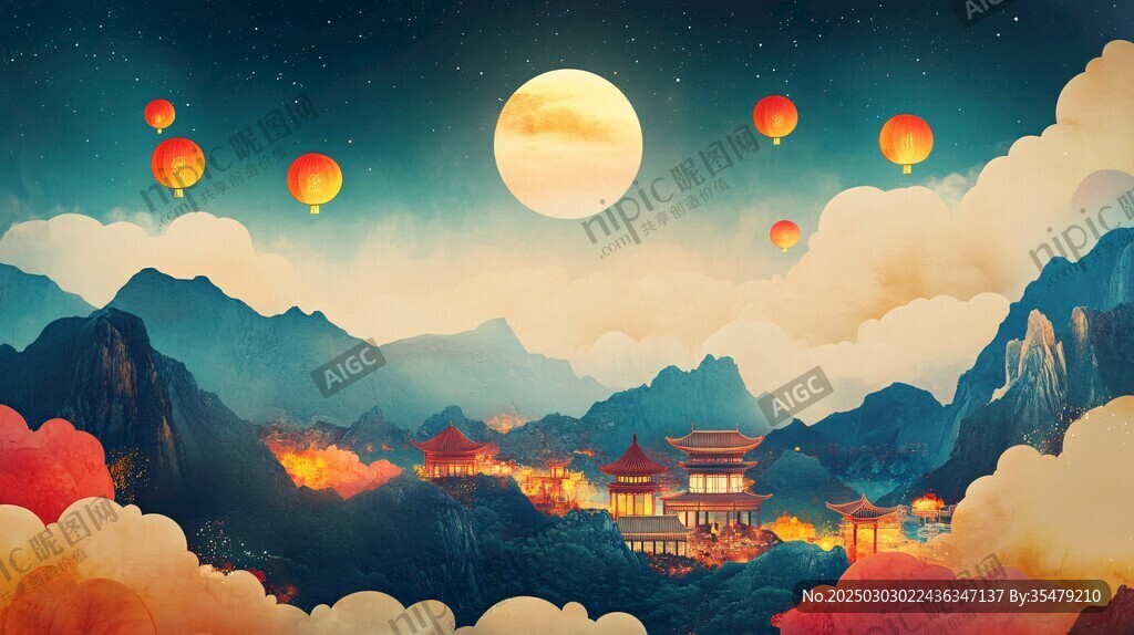 夜幕下的古風(fēng)山水畫