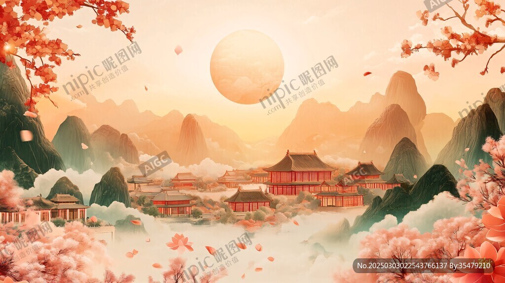 紅月高懸 山水如畫