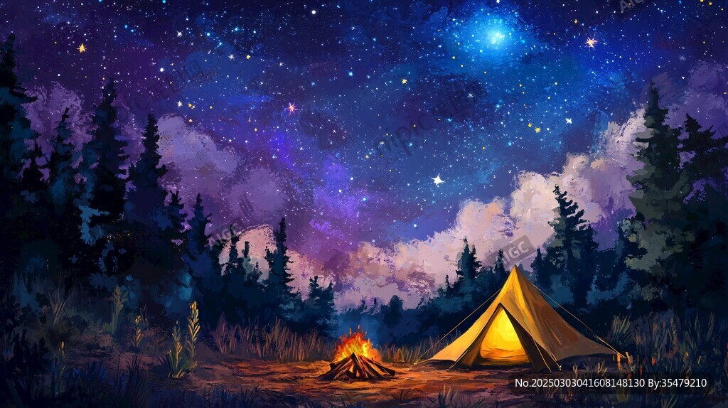 森林中的夜晚篝火