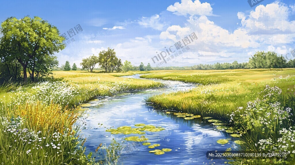夏日溪流風景畫