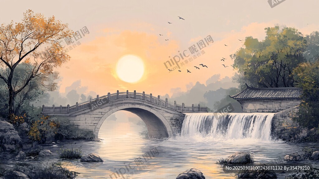 夕陽(yáng)下的石橋與瀑布