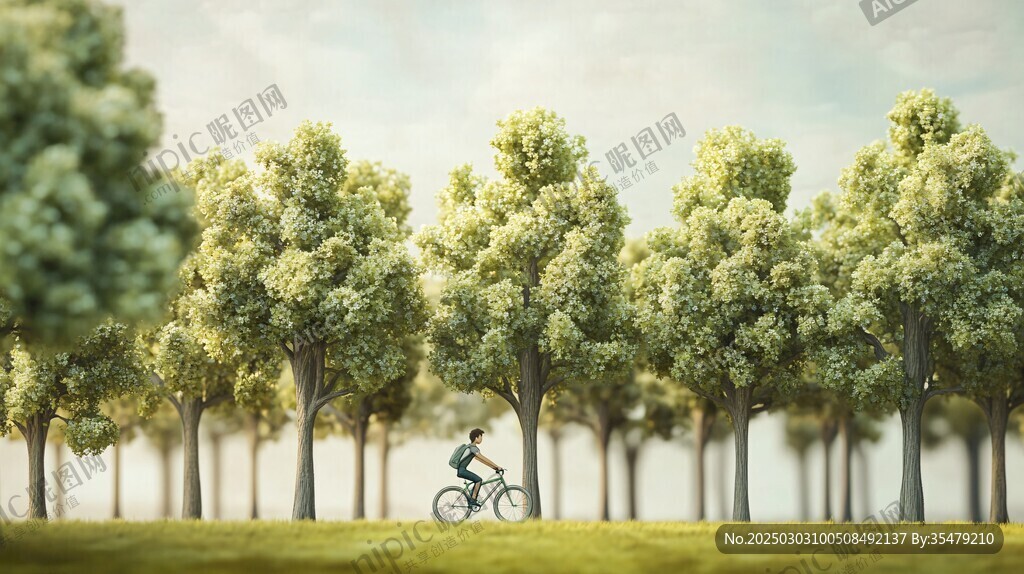 綠色騎行者 樹木成蔭的道路
