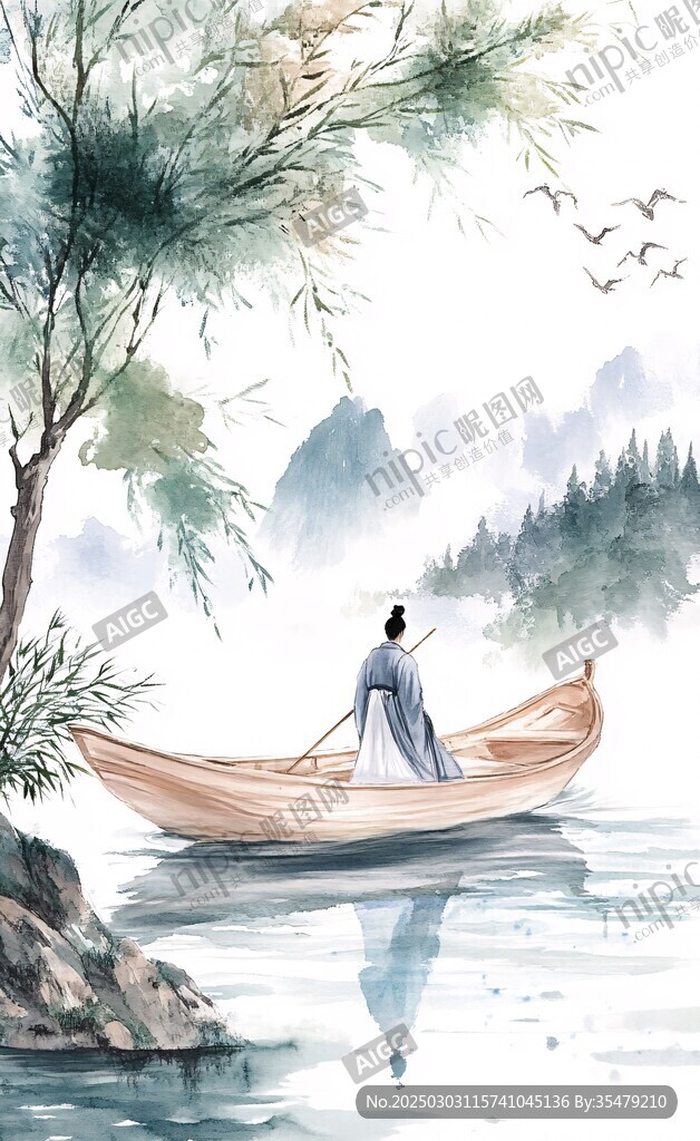 湖光山色間的孤舟漁影