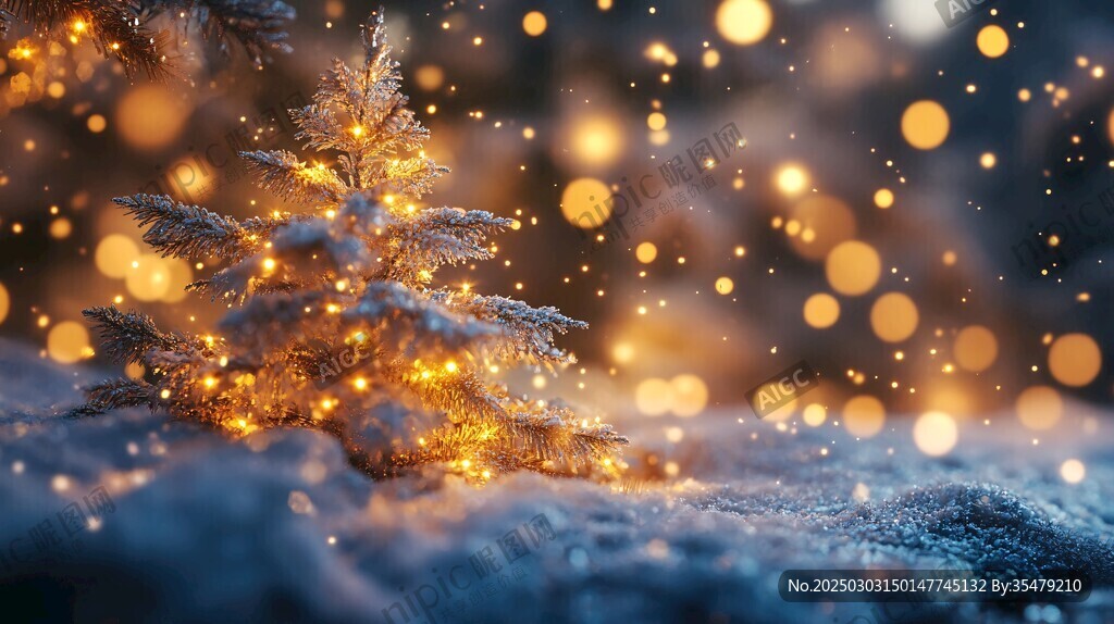 金色圣誕樹在雪中閃耀