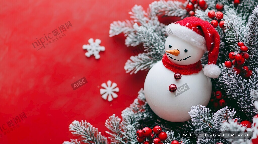 雪人與紅色背景的圣誕裝飾