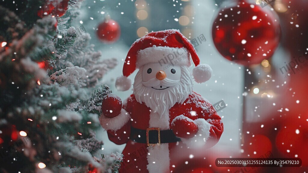 圣誕雪人 紅衣圣誕老人 圣誕樹 雪中閃爍的燈光 節(jié)日氣氛 冬季仙境