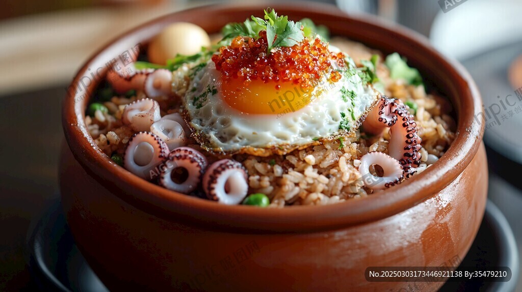 美味海鮮炒飯 搭配煎蛋和魚子醬