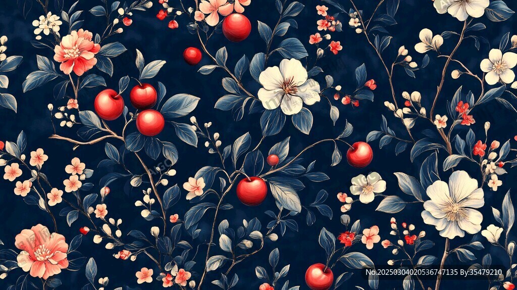 深藍(lán)色花卉與紅果圖案