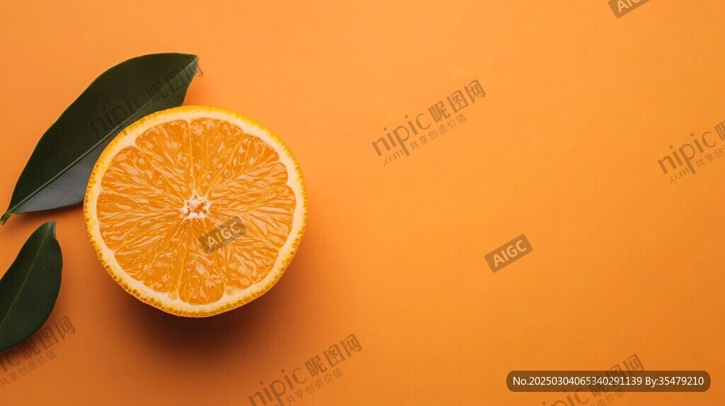 橙子與綠葉 橙色背景