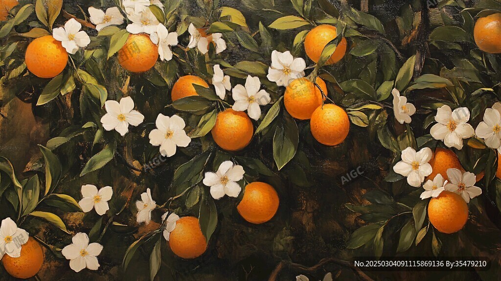 橙花與橙果的油畫