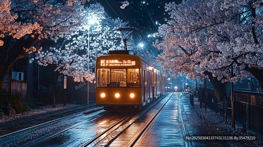 夜色中的電車與櫻花