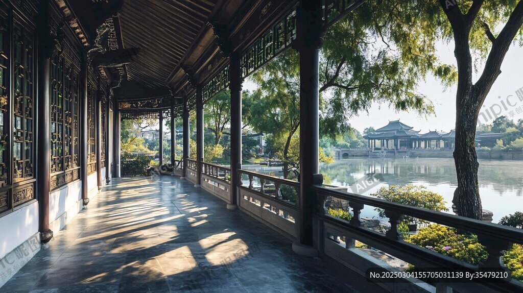 中國傳統建筑走廊 陽光斑駁 湖光瀲滟