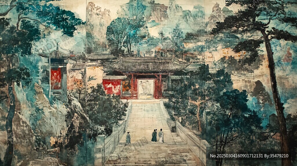 古韻圖畫 山水樓閣 紅墻綠樹 樓閣深處有人 樓梯上有三人 樓閣上方是藍天白云 樓閣左側是懸崖峭壁 樓