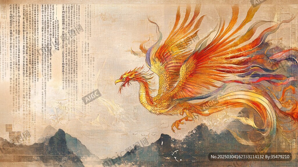 神話(huà)中的鳳凰 背景的古老文字和山脈