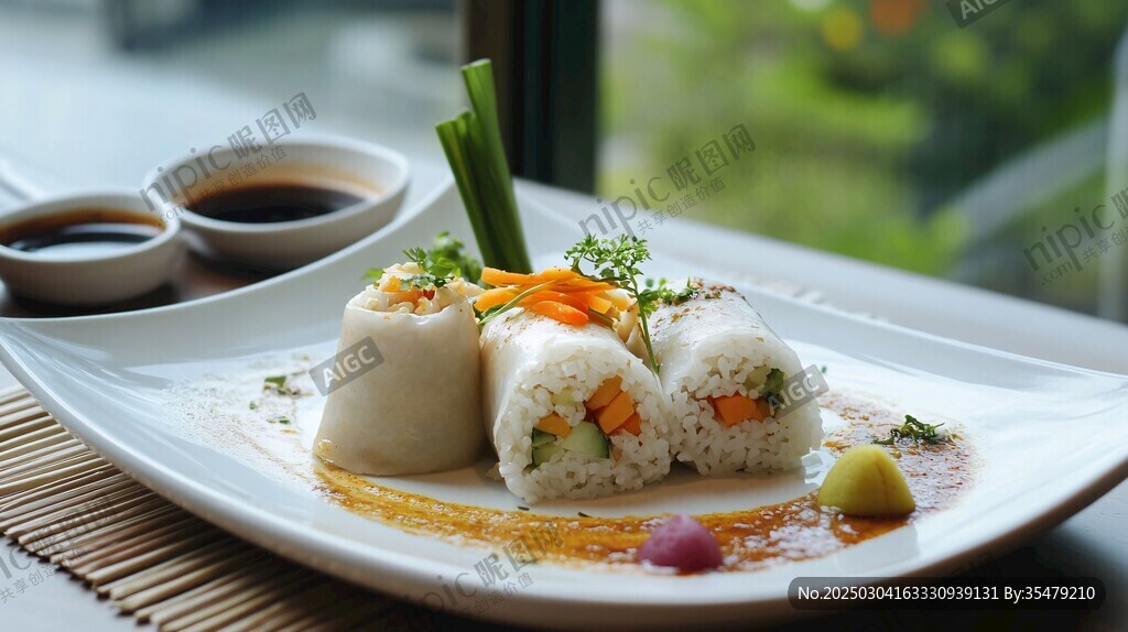 美味壽司卷 搭配精致醬料和裝飾 呈現(xiàn)在白色盤子上