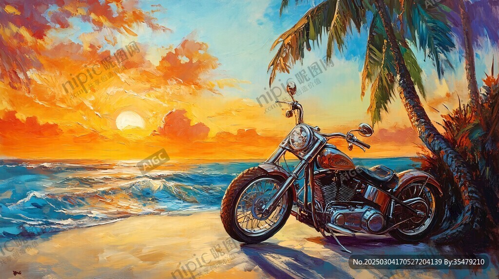海灘日落與摩托車
