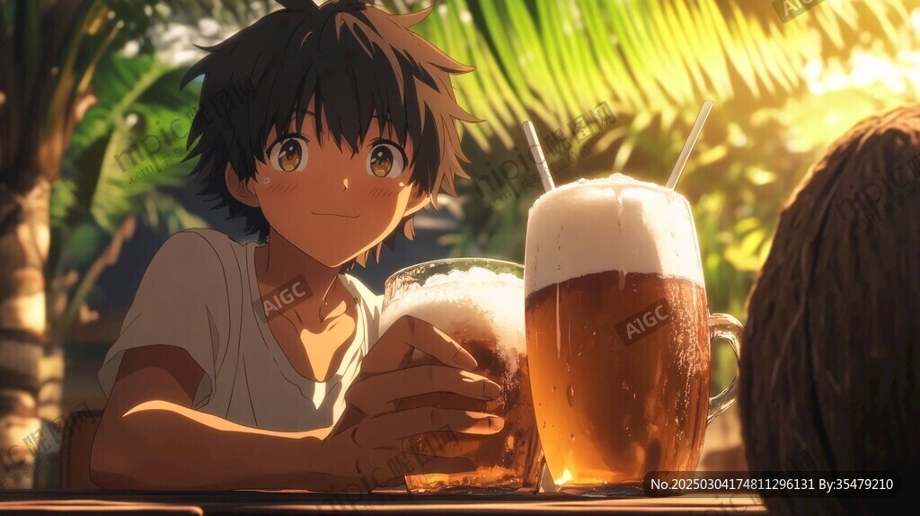 動漫風(fēng)格的熱帶飲品場景