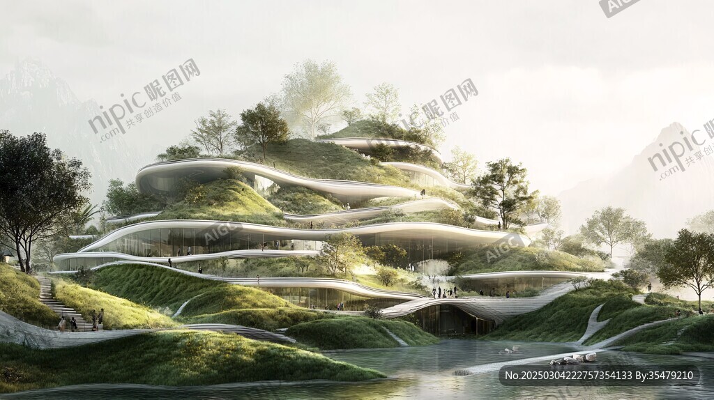 綠色山谷中的未來建筑