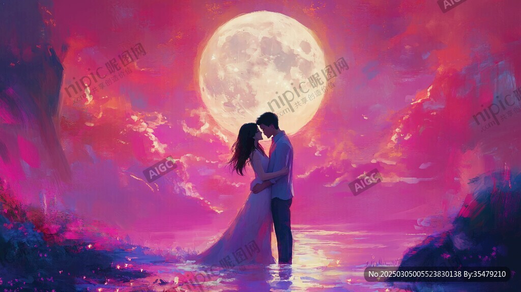 浪漫月夜 情侶相擁