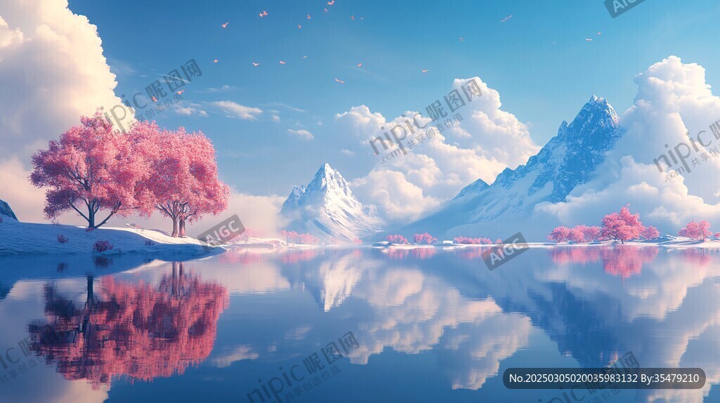白雪皚皚的山峰與粉色的樹木