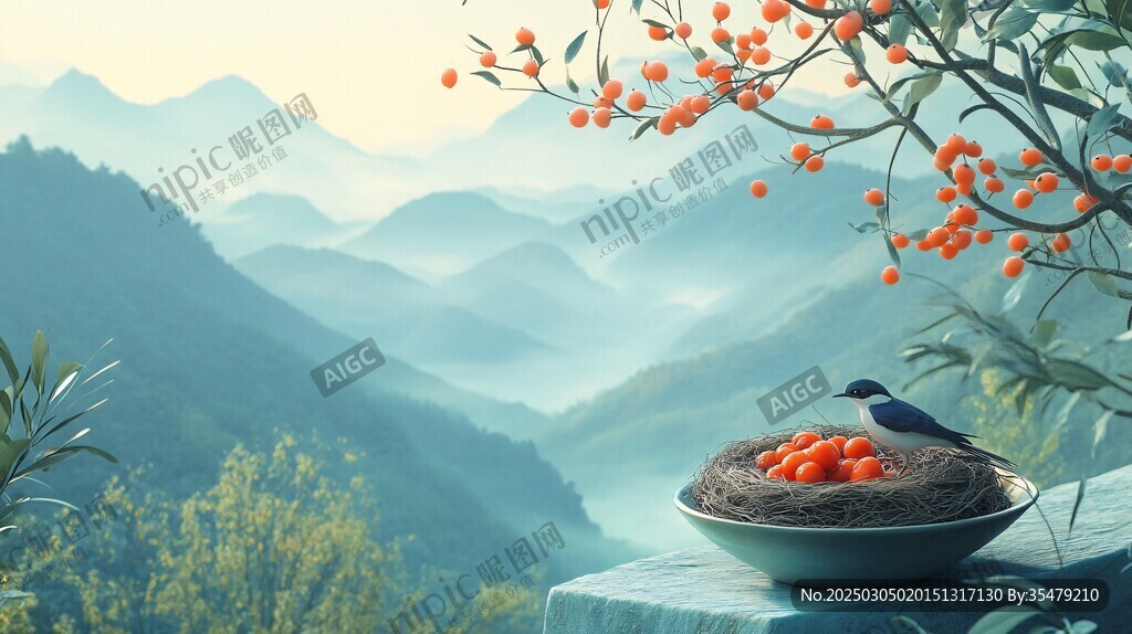 山谷中的鳥窩與橙色果實