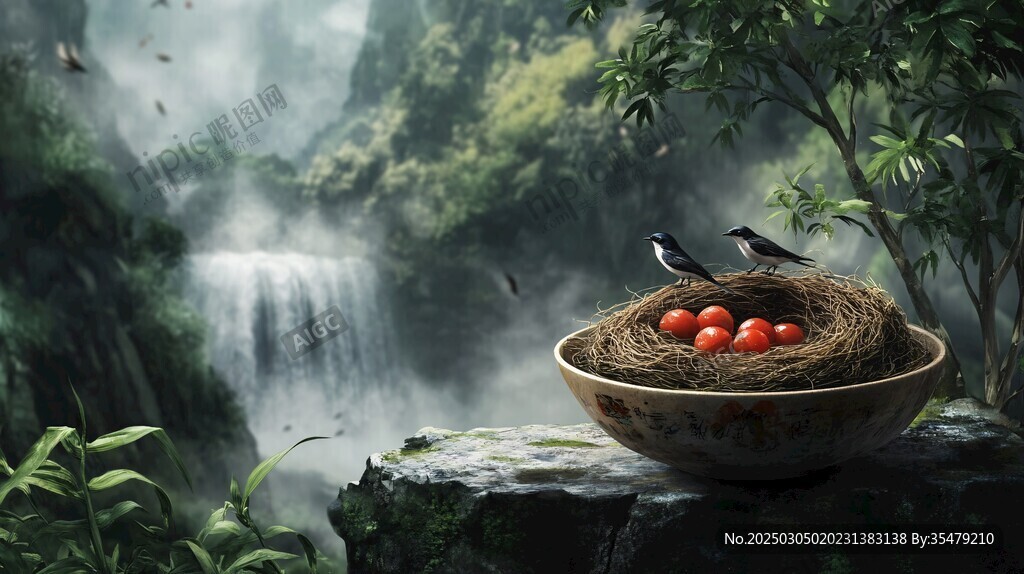 山谷中的鳥巢與紅色果實(shí)