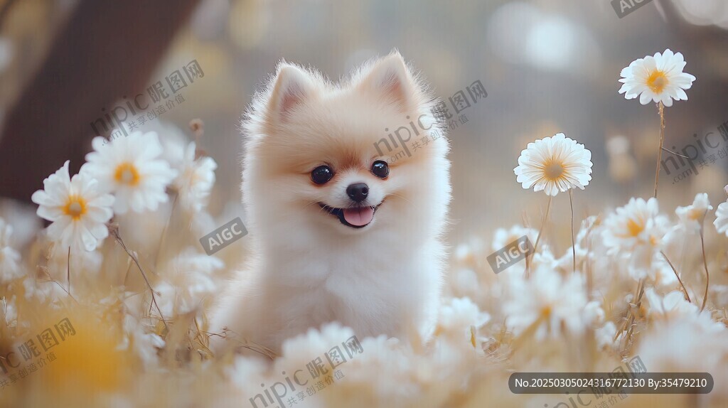 博美犬在花海中
