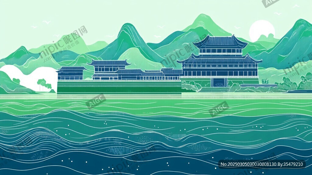 綠色山水畫中的古代建筑