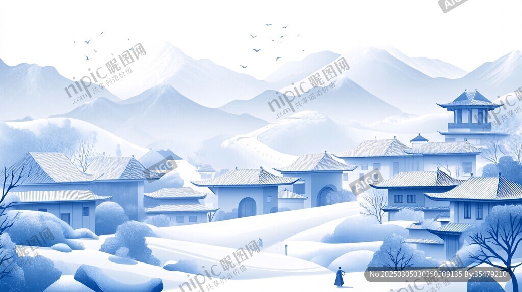雪景村莊山水畫
