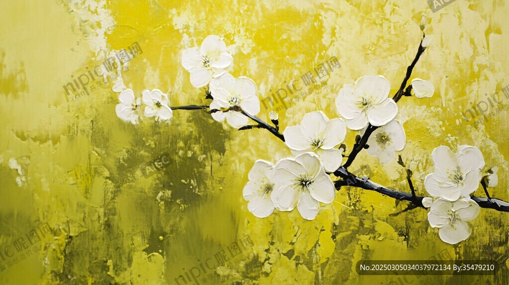 白花與金黃油畫