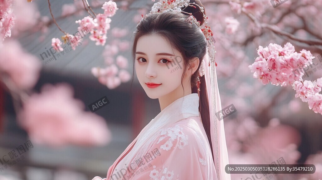 漢服女子櫻花樹下