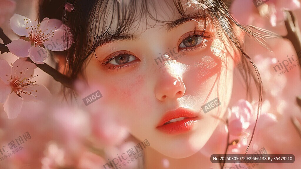 櫻花下的年輕女孩