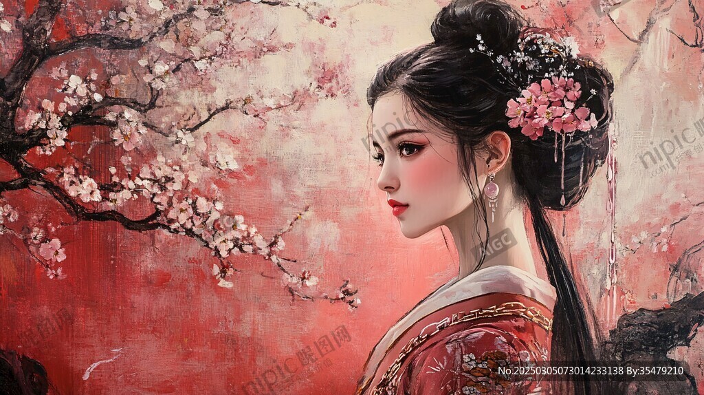 紅衣女子與桃花樹