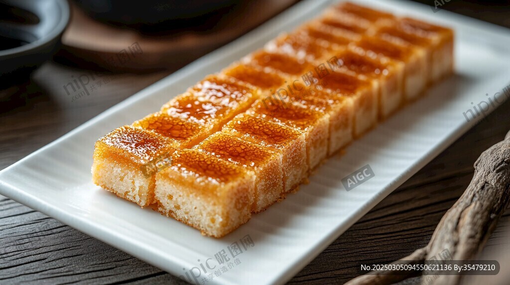 美味蛋糕 焦糖頂部 白色盤子