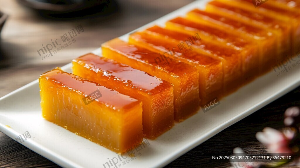 美味焦糖色果凍 整齊排列在白色托盤上
