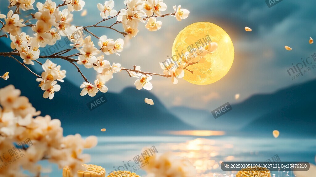 滿月映照下的花海與寧靜湖泊