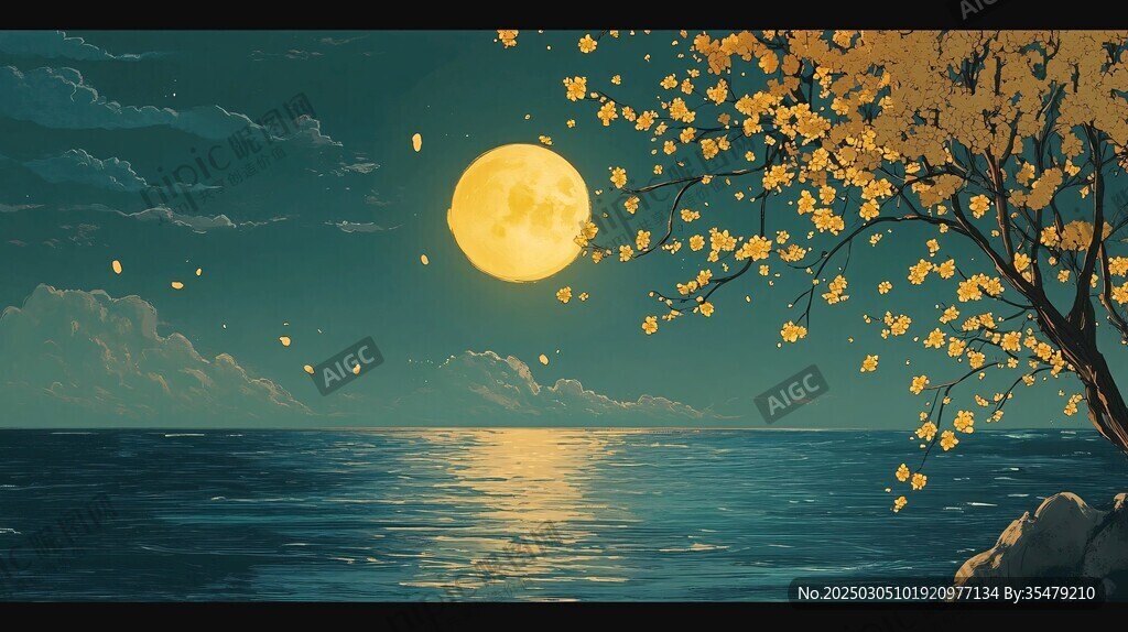 月下海邊的金秋夜晚