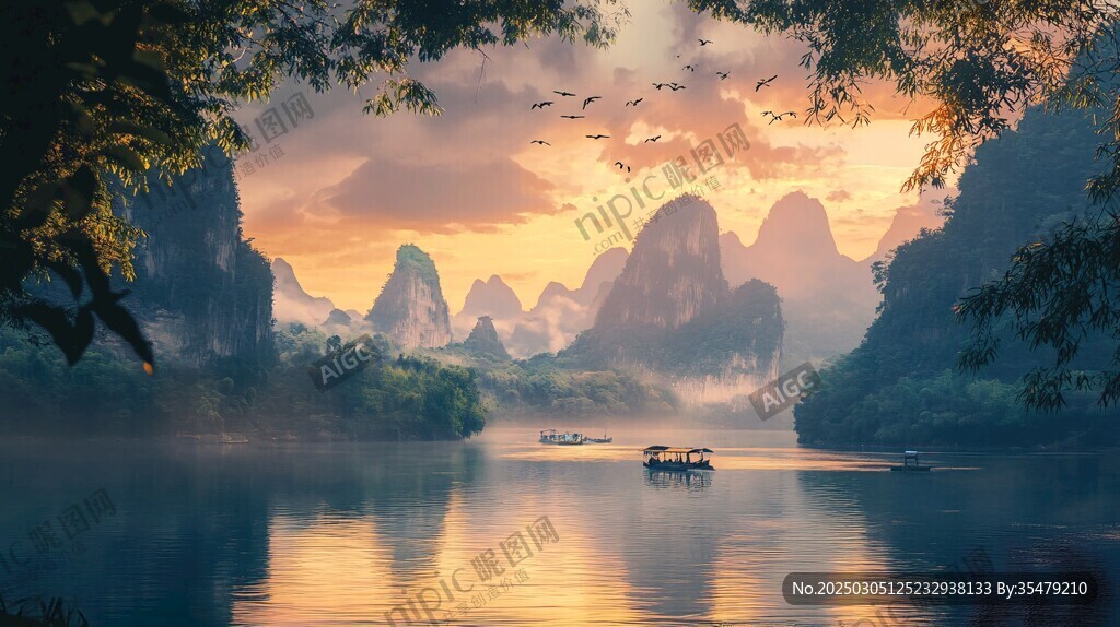 夕陽下的漓江風(fēng)景