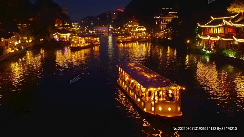 夜幕下的古鎮(zhèn)河流
